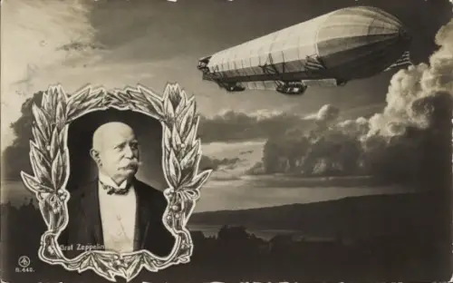 Ak Luftschiff im Flug, Portrait Graf Zeppelin, Lorbeerkranz, LZ 4