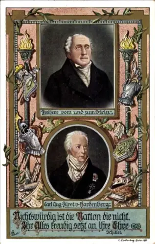 Künstler Ak Freiherr vom und zum Stein, Carl Aug. Fürst von Hardenberg, Schiller Zitat