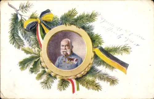 Ak Portrait Kaiser Franz Josef von Österreich Ungarn, Schleifen, Tannenzweig, Eichenlaub