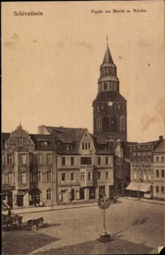 Ak Świdwin Schivelbein Pommern, Markt, Kirche, Geschäftshäuser