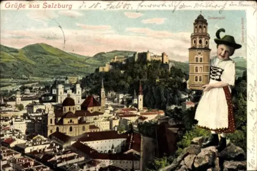 Ak Salzburg in Österreich, Stadtpanorama, Glockenspiel, Mädchen in Tracht