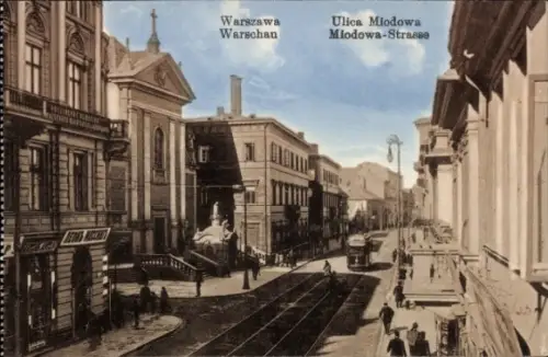Ak Warszawa Warschau Polen, Miodowa-Straße, Straßenbahn