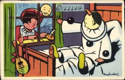 Lied Künstler Ak Raylambert, Kind in Karneval-Kostüm im Bett, Kerze, Musikinstrument, Mondschein