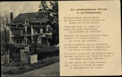 Ak La Pommeraye Maine et Loire, zerstörtes Schloss, Kruzifix, 1. WK