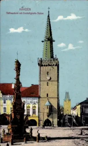 Ak Kadaň Kaaden Region Aussig, Rathausturm mit Dreifaltigkeits-Statue