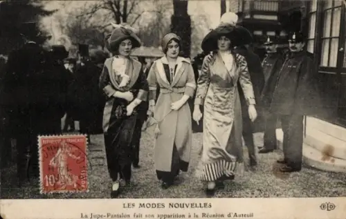 Ak Die neue Mode, Jupe-Pantalon, Damen in Hosenröcken, Hüte, Polizisten