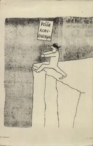 Künstler Ak Für Kernenergie, Mann m. verbundenen Augen auf einer Klippe, Jahr gegen Kernenergie 1975