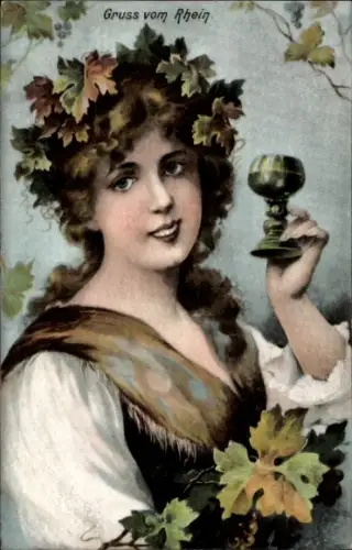 Künstler Ak Gruß vom Rhein, Mädchen mit Weinglas, Weinreben