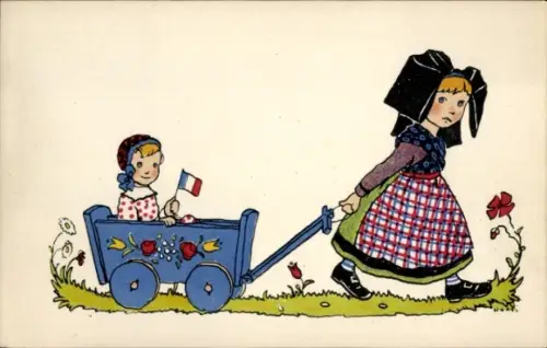 Künstler Ak Hansi, Mädchen in Elsässer Tracht, Karren, Kind mit Fahne