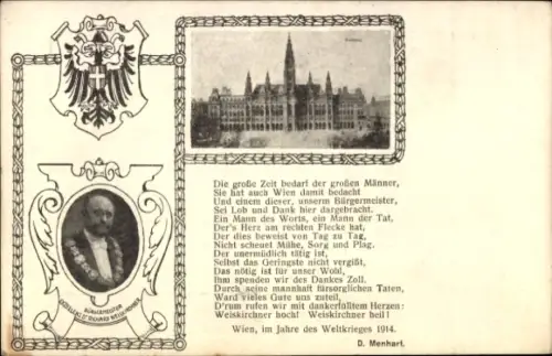 Ak Wien, Rathaus, Bürgermeister Richard Weiskirchner, Gedicht D. Menhart, 1914