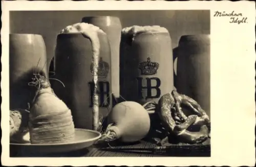Ak Münchner Idyll, Bier, Bierkrüge, Brezel