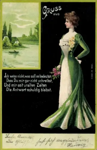 Litho Frau in elegantem grünen Kleid, Landschaft