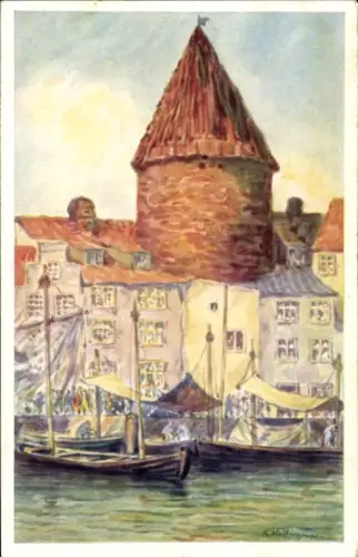 Künstler Ak Gdańsk Danzig, Fischmarkt, Schwan