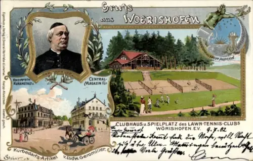 Litho Bad Wörishofen Kneipp'sche Kuranstalt, Lawn-Tennis-Club, Clubhaus, Geschäft Ludw. Geromiller