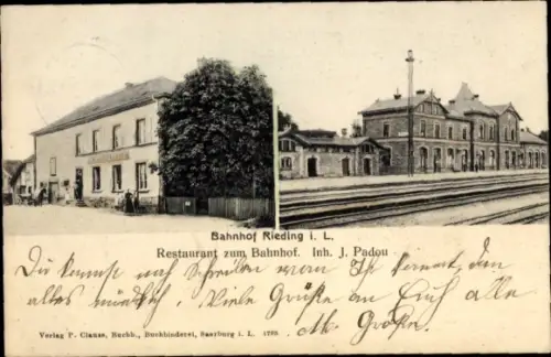 Ak Réding Rieding Lothringen Moselle, Bahnhof, Gleisansicht, Restaurant zum Bahnhof