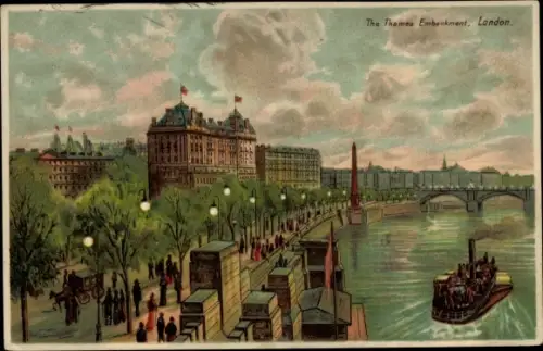 Litho London City England, The Thames Embankment, Sicht über Fluss, Brücke, Fähre