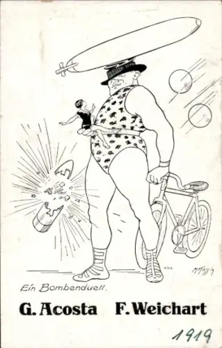 Künstler Ak Bombenduell, Acosta, Weichert, Karikatur, Zeppelin