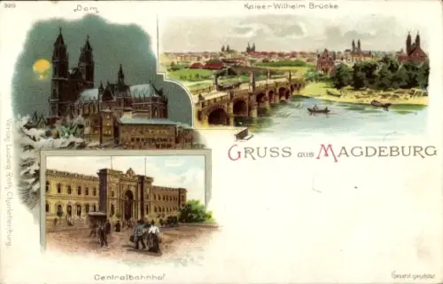 Mondschein Litho Magdeburg, Kaiser Wilhelm Brücke, Zentralbahnhof, Dom
