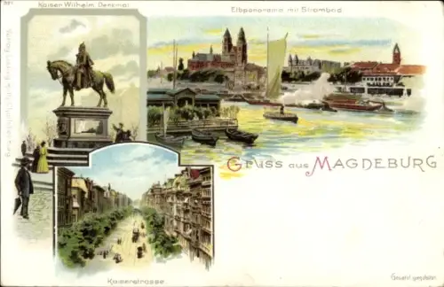 Litho Magdeburg an der Elbe, Kaiserstraße, Kaiser Wilhelm Straße, Elbpanorama, Strombad