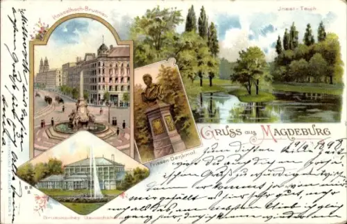 Litho Magdeburg, Grusonsches Gewächshaus, Hasselbachbrunnen, Friesendenkmal