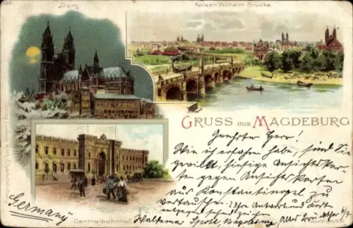 Mondschein Litho Magdeburg, Kaiser Wilhelm Brücke, Zentralbahnhof, Dom