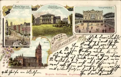 Litho Magdeburg an der Elbe, Dom, Hauptbahnhof, Breiter Weg