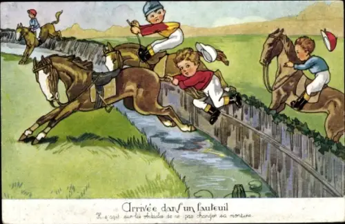 Ak Kinder zu Pferden, Jockeys, Springreiten