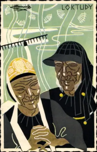 Ak Loctudy Finistère, Zwei Personen in bretonischer Tracht