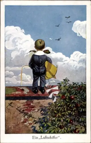 Künstler Ak Luftschiffer, Junge mit Drachen, Drachensport