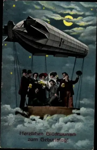 Ak Glückwunsch Geburtstag, Festgesellschaft im Zeppelin