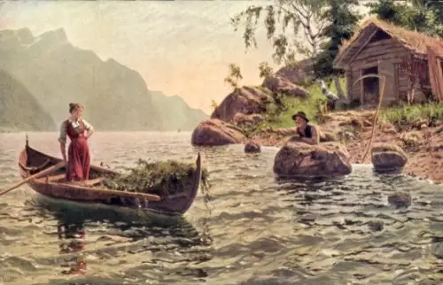 Künstler Ak Dahl, Frau im Ruderboot, Mann am Ufer, Sense