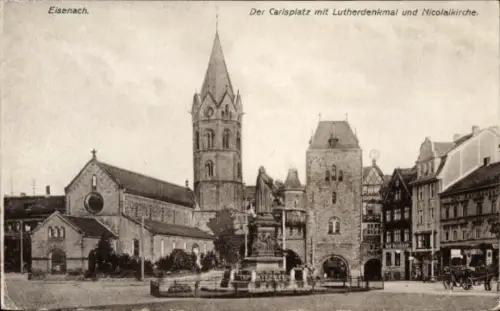 Ak Lutherstadt Eisenach in Thüringen, Carlsplatz, Lutherdenkmal, Nicolaikirche