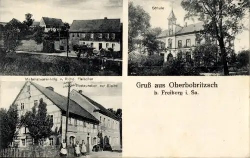 Ak Oberbobritzsch Bobritzsch im Erzgebirge,  Schule, Materialwarenhdl. v. Richd. Fleischer, Resta