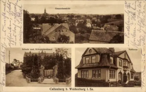 Ak Callenberg in Sachsen, Gesamtansicht, Rathaus, Schule und Kriegerdenkmal