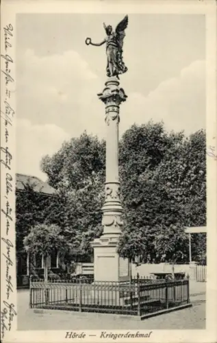 Ak Hörde Dortmund im Ruhrgebiet Westfalen, Kriegerdenkmal, Statue mit Flügeln, Zaun, Bäume
