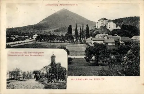 Ak Milešov Milleschau Reg. Aussig, Donnersberg, Restauration und meteorologische Höhenstation