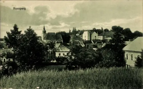 Ak Ronsperg Reg. Pilsen, Blick auf den Ort, Wiese, Häuser und Kirche