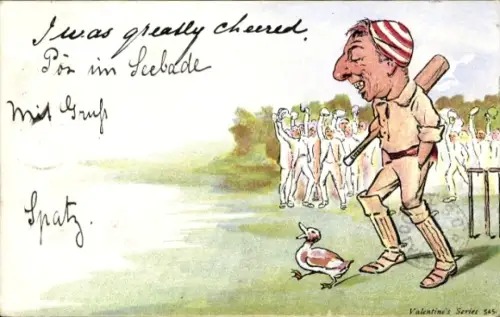 Künstler Ak I was greatly cheered, Cricketspieler, Ente auf dem Spielfeld