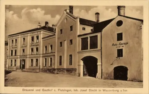 Ak Wasserburg am Inn in Oberbayern, Brauerei und Gasthof z. Fletzinger, Autogarage