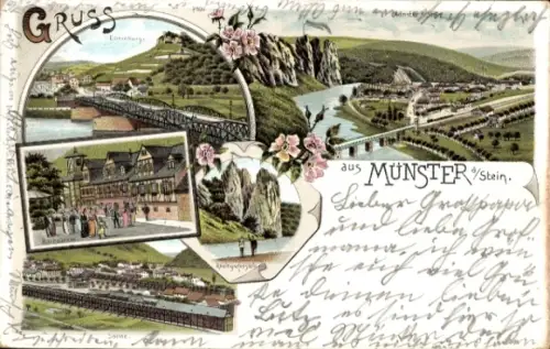 Litho Bad Münster am Stein Ebernburg Bad Kreuznach, Rheingrafenstein, Saline, Kurbrunnen, Brücke
