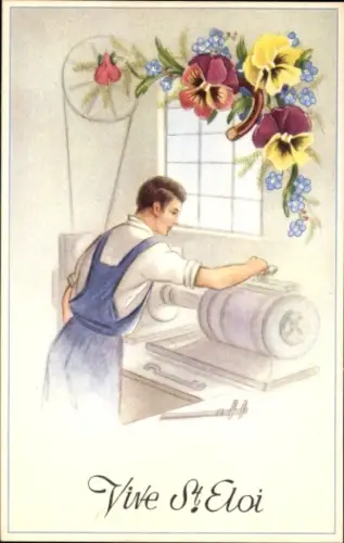 Ak Glückwunsch St. Eloi, Handwerker, Blumen, Hufeisen