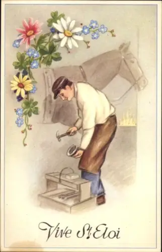 Ak Glückwunsch St. Eloi, Schmied, Pferd, Blumen