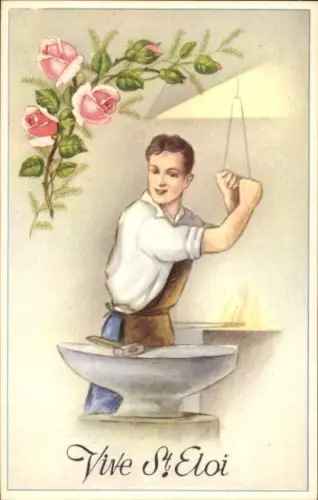 Ak Glückwunsch St. Eloi, Schmied, Amboss, Blumen