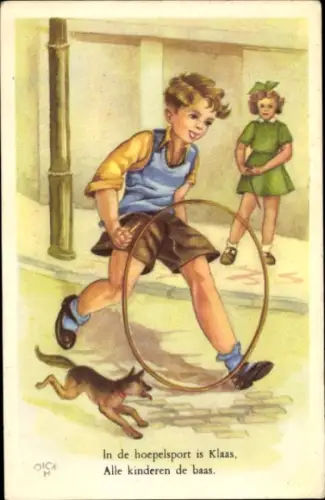 Ak Junge spielt mit Reifen, Hund