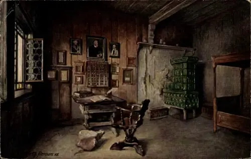Ak Lutherstadt Eisenach in Thüringen, Wartburg,  Luther-Stube, grüner Kachelofen, Schreibtisch mi