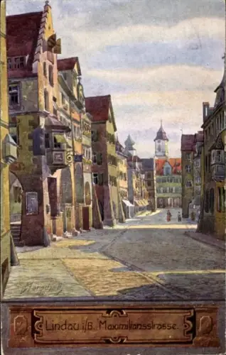 Ak Lindau am Bodensee Schwaben,  Maximilianstraße, malerische Häuser, Straßenansicht