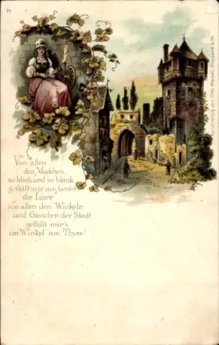 Litho Boppard am Rhein, Turm, Frau mit Spinnrad