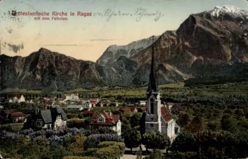 Ak Bad Ragaz Kanton St. Gallen, Gesamtansicht, Protestantische Kirche