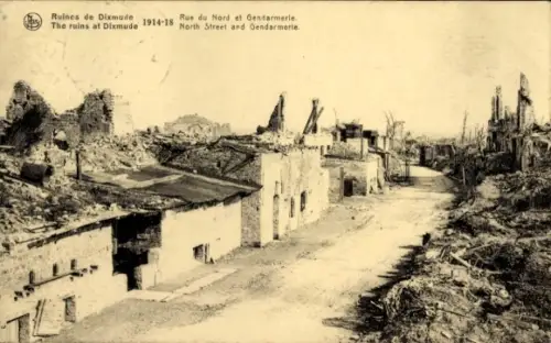 Ak Diksmuide Dixmude Westflandern, Ruinen, Rue du Nord et Gendarmerie, I. WK