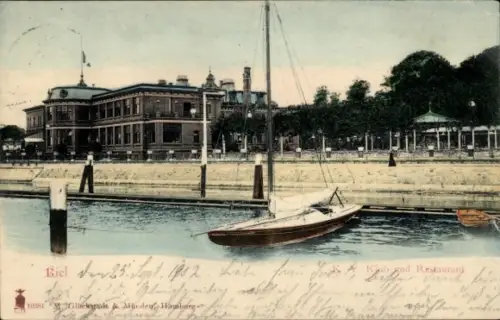 Ak Biel Bienne Kt. Bern,  Kursaal und Restaurant, Seepromenade mit Segelboot